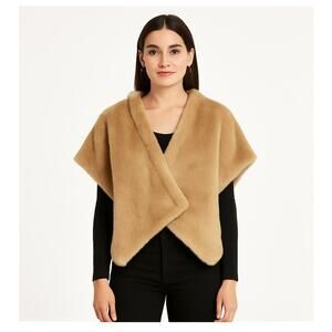 2000s Sisley Tan Faux Fur Shawl Wrap Poncho Cape Size small oversized